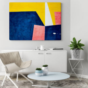 a modern living room with a white credenza and a large abstract painting on the wall