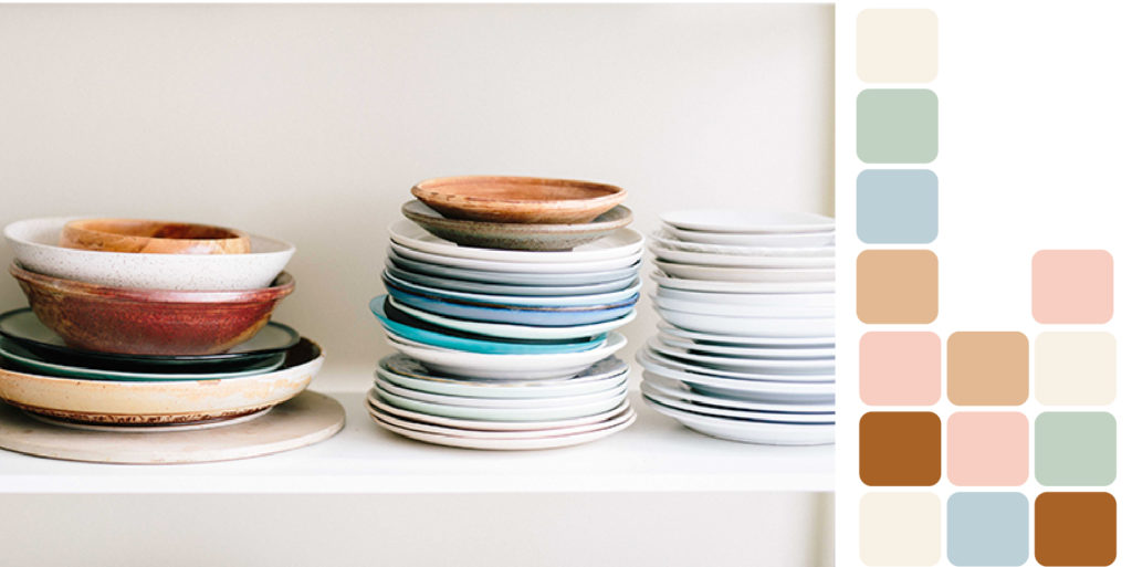 Three stacks of plates and bowls 