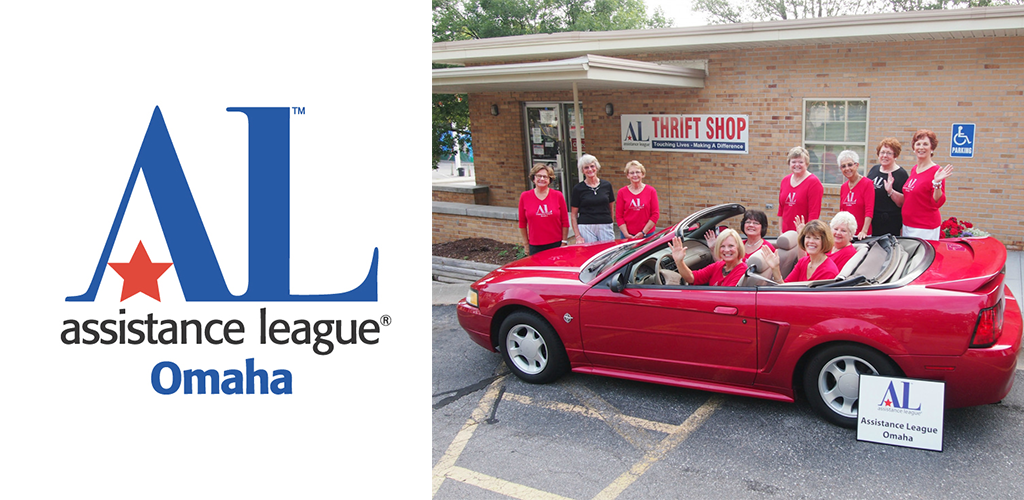 Women in a red convertible, in front of the Assistance League Thrift Shop