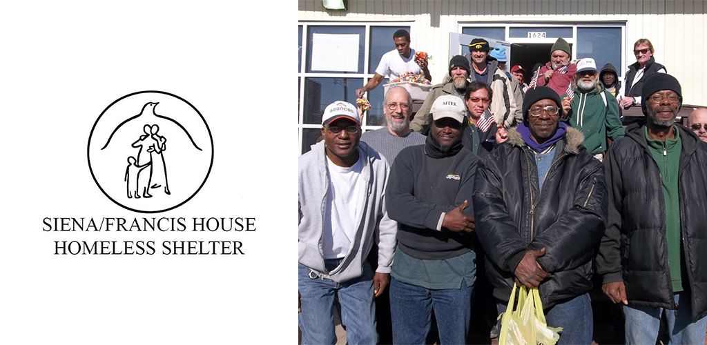 A group of men standing on the steps of the Siena Francis House Homeless Shelter