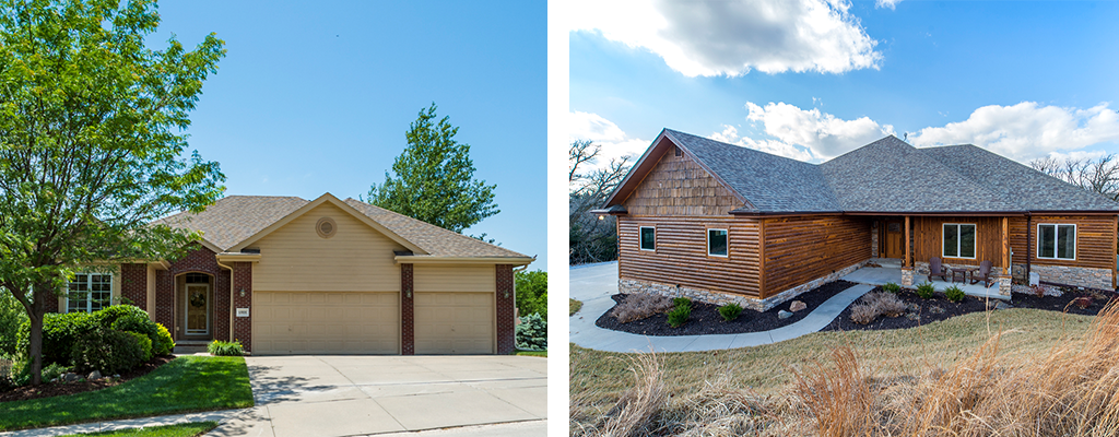 Left side: the front of a house with a 3 car garage, green bushes and trees in the front. Right side: a wood timber house in the fall, neatly landscaped with tall grasses surrounding it. 