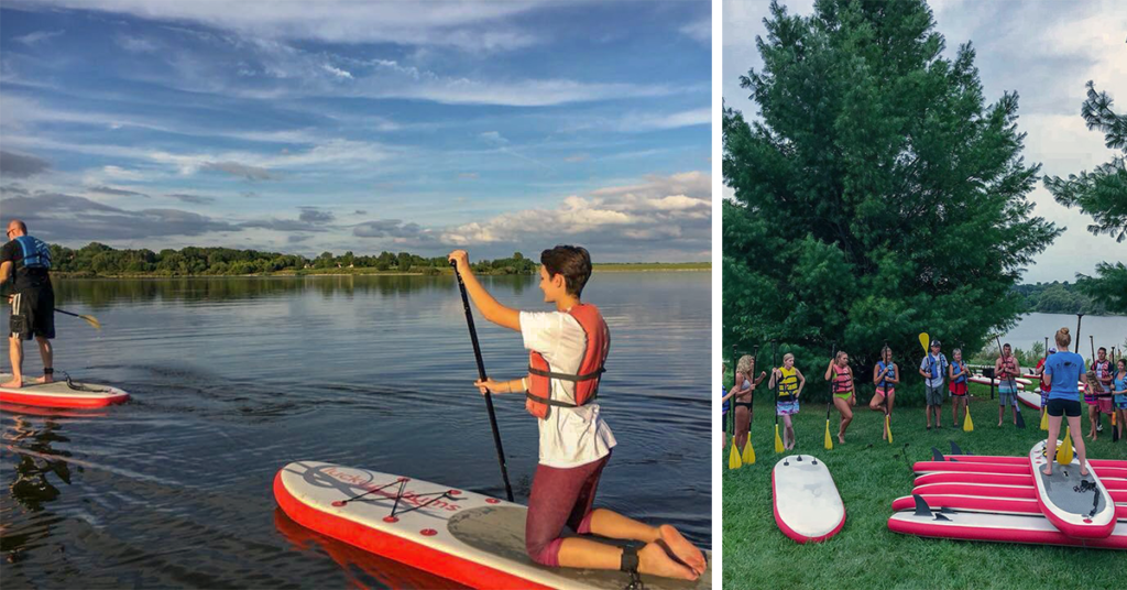 woman on paddleboard on lake. Second Image of people receiving instructions before paddleboarding 