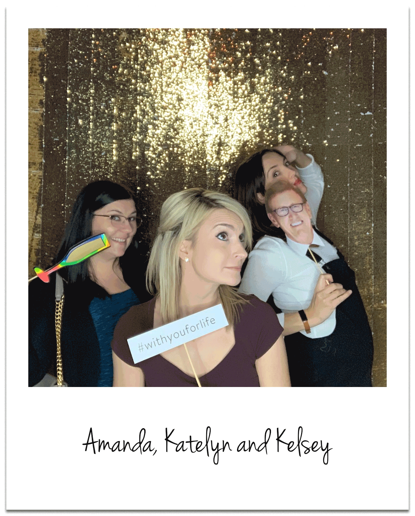 GIF featuring three women with props in front of a gold sequined backdrop. 